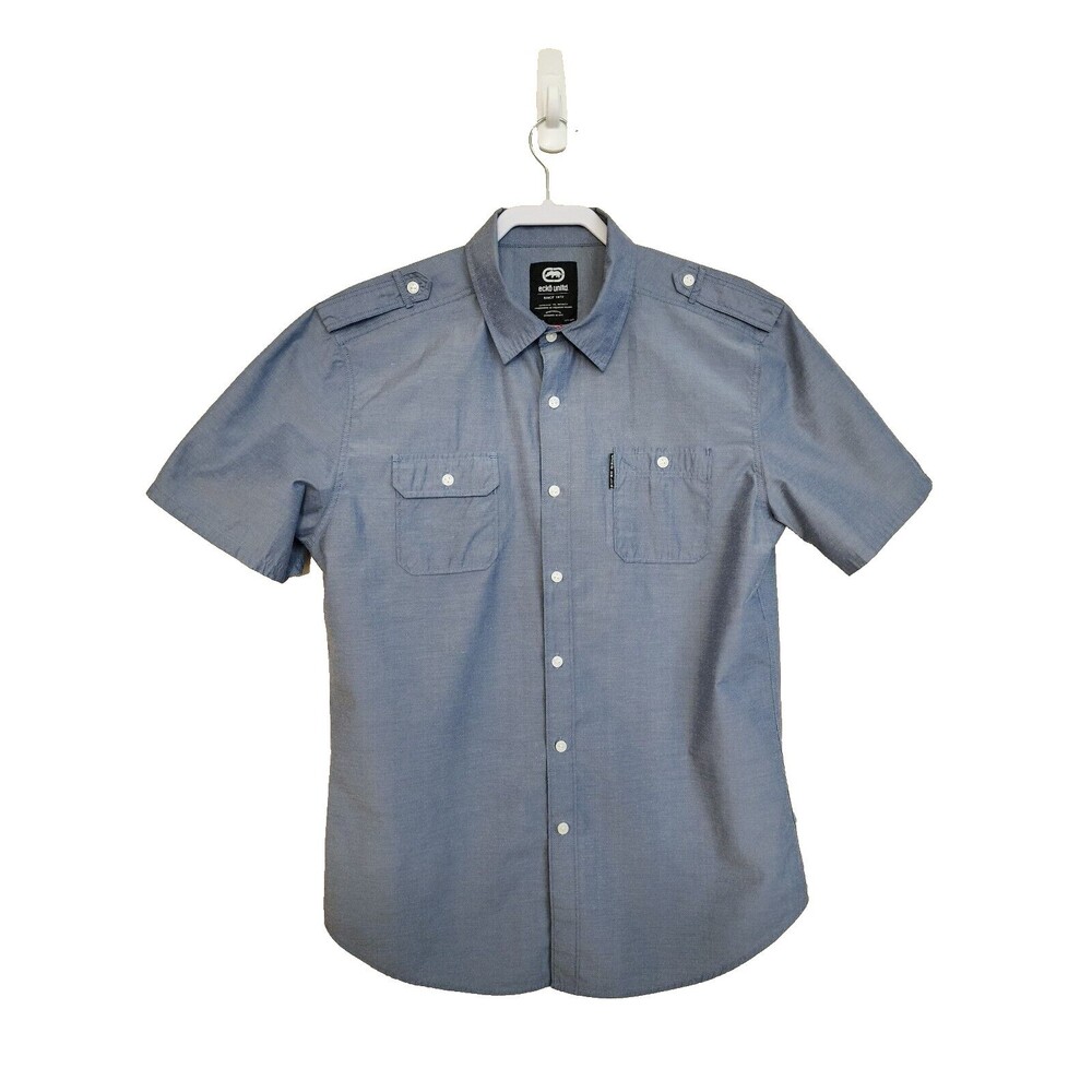 Ecko Unltd Rawthentic Men's Blue Button Up Shirt Cotton Blend Short Sleeve L EUC